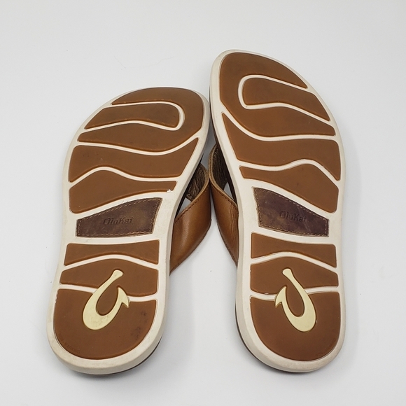Olukai Sandals Men’s 8 Nalukai Brown Tan Leather Flip Flops - Picture 7 of 9
